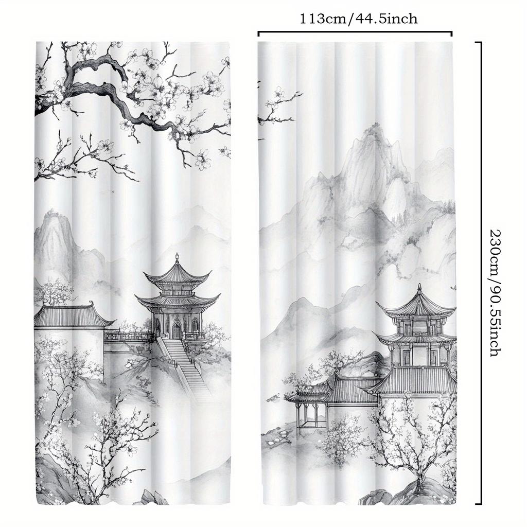 2pcs Asian Red Cherry Blossom Curtains   Traditional Ink Style for Living Room and Bedroom