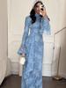 Autumn 2025 Blue Lace Waist-Cinching Long-Sleeved Women's Dress