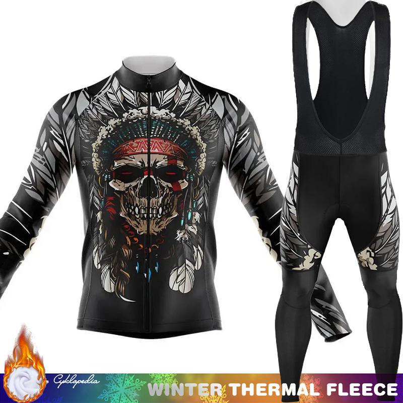 Men's Cycling Pants Fleece Jersey Skull Sets Long Sleeve Thermal Shirt Mens Clothes Clothing Winter Man Outfit Suit Termal Retro