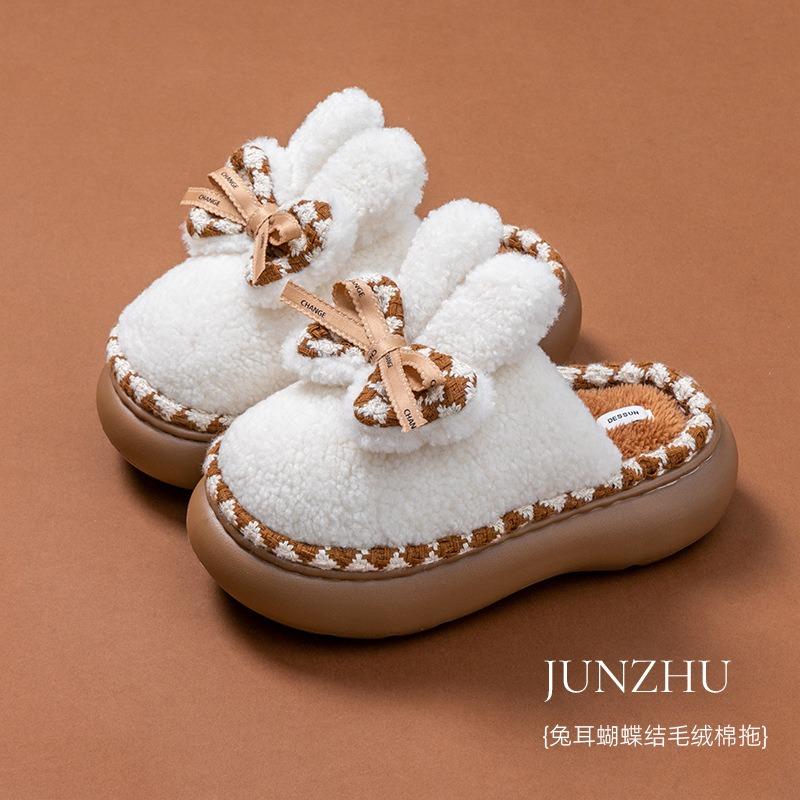 

New winter rabbit ear plaid bow thick bottom non-slip warm plush indoor home bag head cotton slippers 36-37