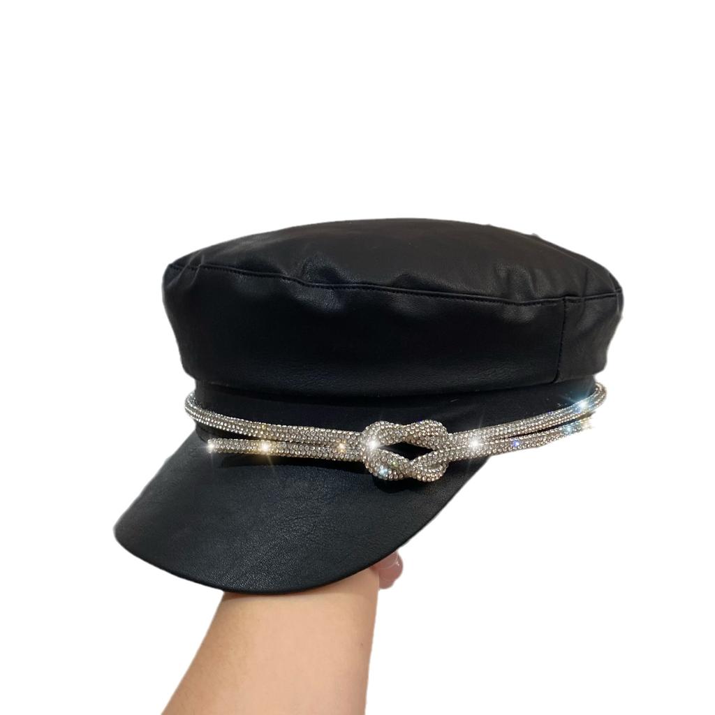 A-class Rhinestone Pipe Navy Hat, European and American Fashion Trend Brand Personalized Black Newsboy Hat Autumn Light Luxury Niche Cap
