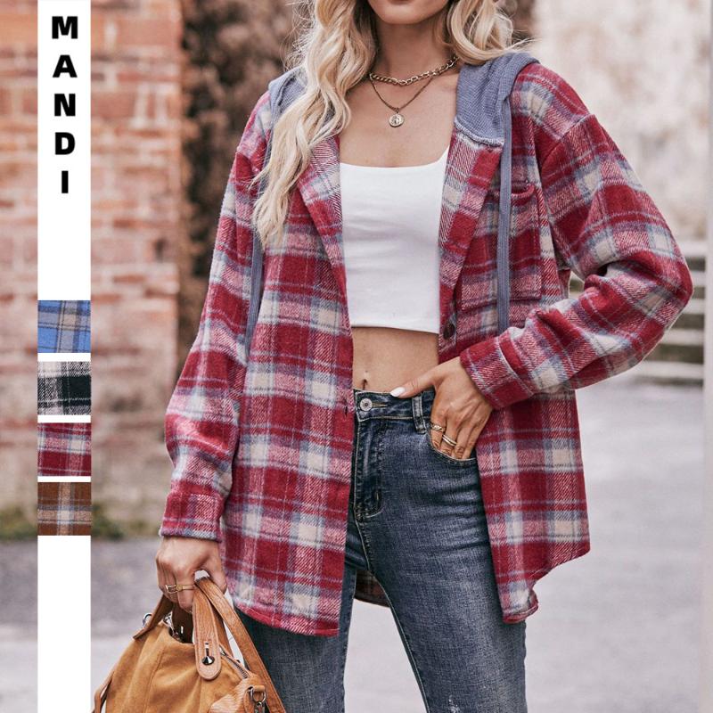 Women's New Autumn and Winter Flannel Plaid Jacket Hooded Casual Shirt