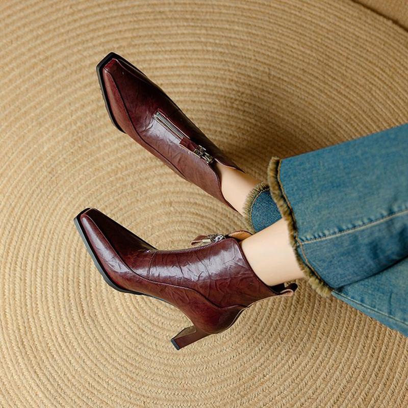 Modne NOWE Jesienne Damskie Buty Kwadratowy Nosek Buty na Wysokim Obcasie Buty ze Skóry Dzielonej dla Kobiet Eleganckie Nowoczesne Buty Codzienne Buty na Zamek