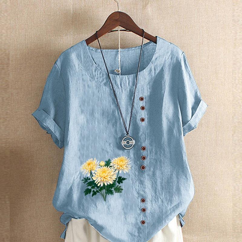 Women's Fashion Chrysanthemum  Prined Round Neck Short Sleeve T-shirt Casual Cotton Linen Graphic Shirt Leisure Loose Summer Blouse Tops