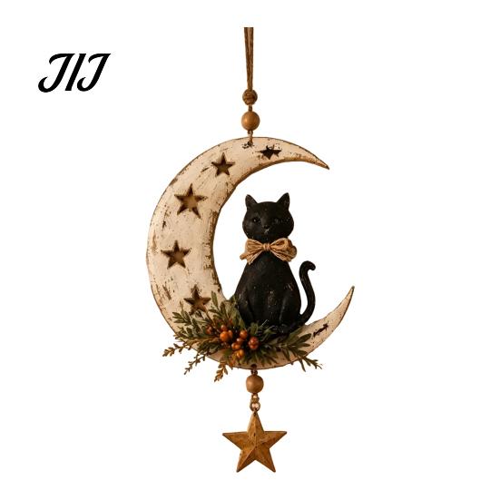 Unique Gift for Cat Owners Crescent Moon Black Hanging Ornament, on Wall Decor, Decor Rustic Star Door Window Pendant Gothic Farmhouse Room Decoration