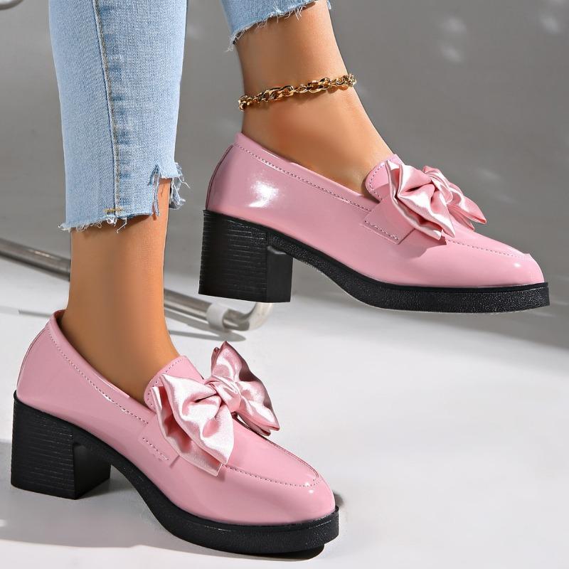 Bow British thick heel loafer single shoes women's autumn lazy large size casual one-pedal small leather shoes