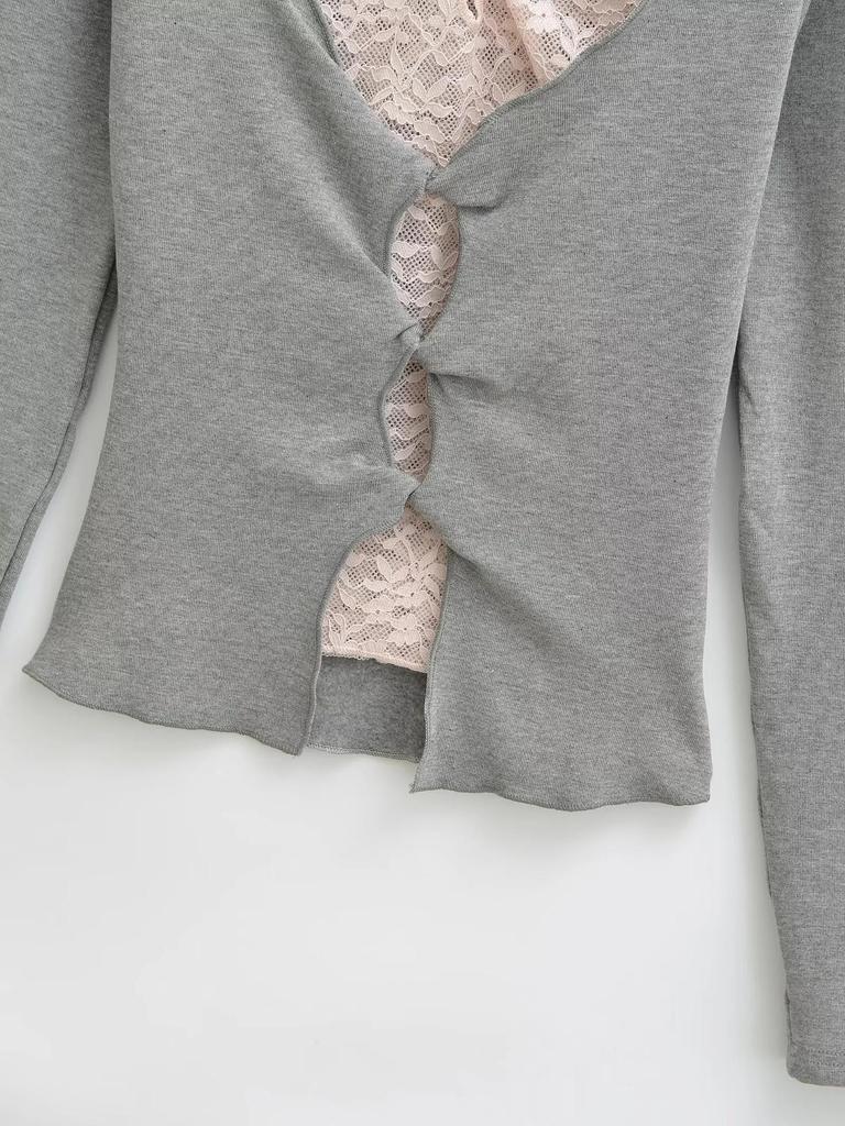 Lace Patchwork V-Neck Two-Piece Long-Sleeve Slim-Fit T-Shirt for Women - Spring/Autumn