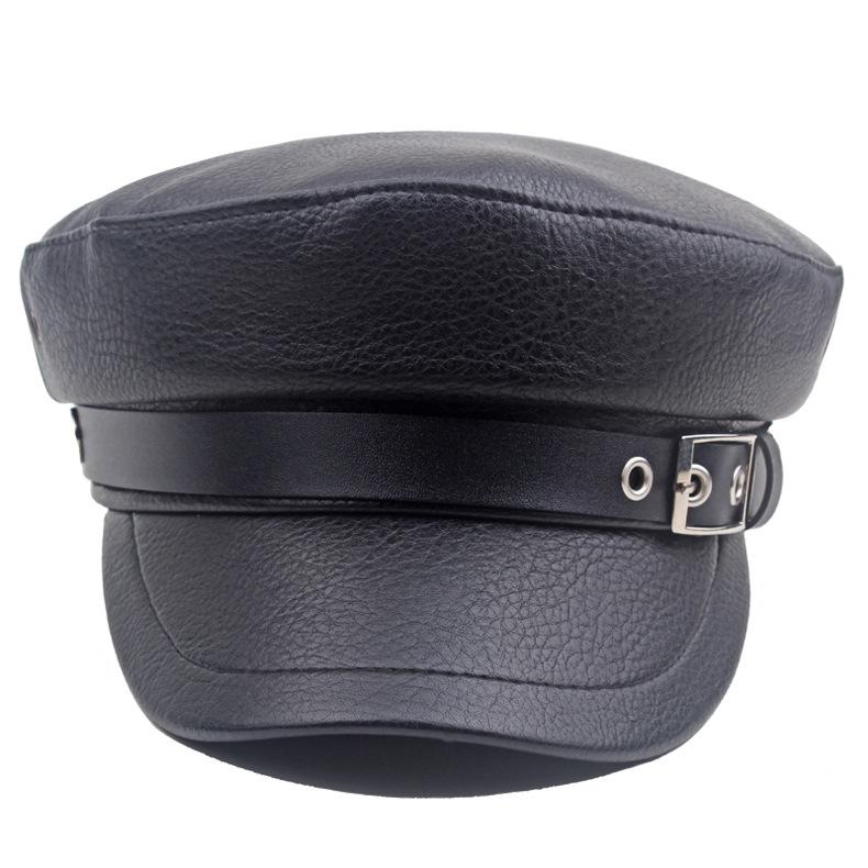 Leather Female Painter's Cap Autumn Winter Navy Cap Military Caps Captain Cap Flat Top Hat