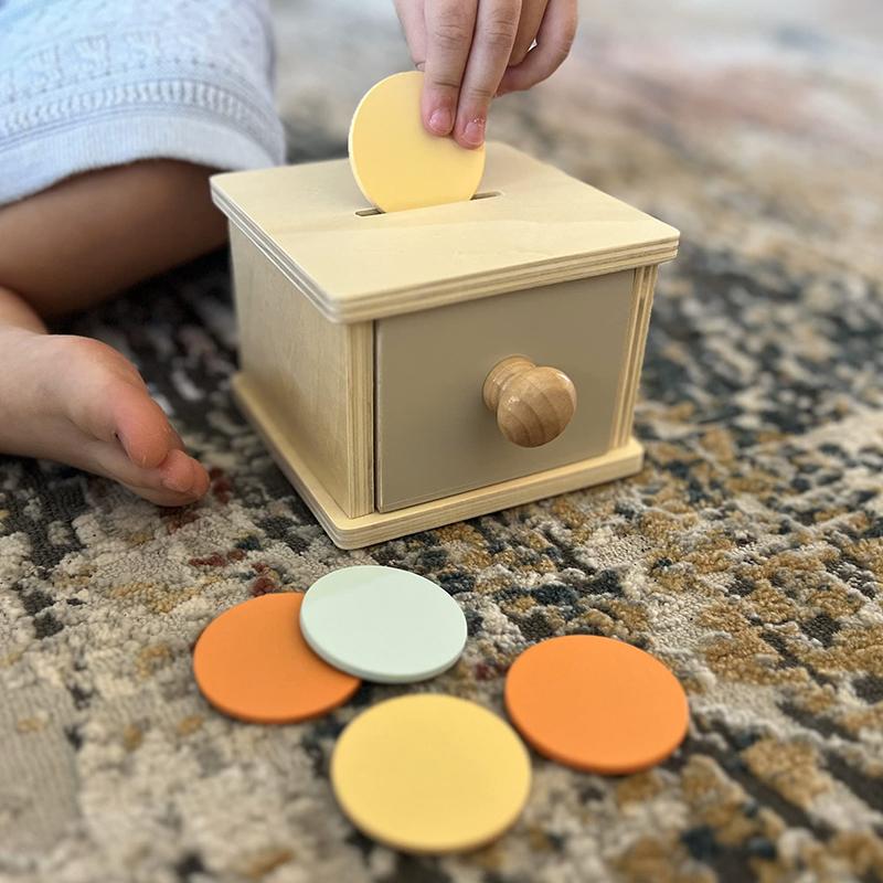 Children's Montessori Wooden Round Drawer Target Box Early Education Multi-functional Coin Box Puzzle Toy