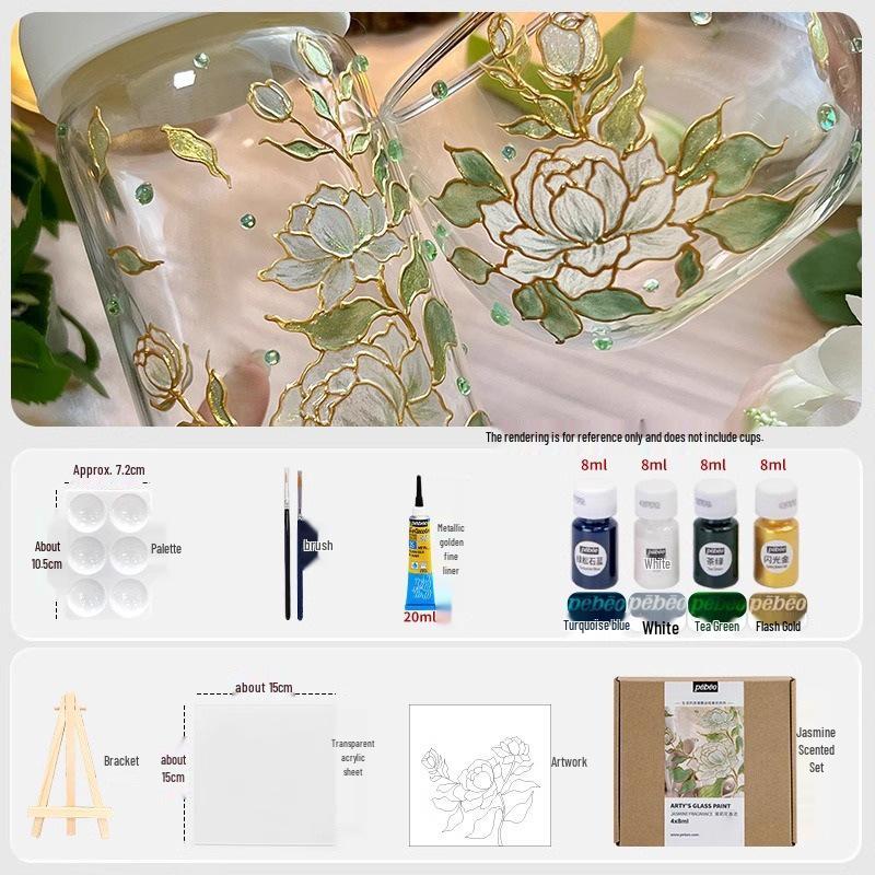 Rose Jasmine Moonlit Night Glass Paint Set with Osmanthus Scent and Gold Edge Hand-Painted Cup & Outlining Pen