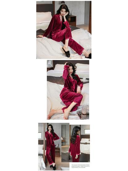 Women's Golden Velvet Lace Pajama Set - Long Sleeve, Autumn/Winter Style, Sexy Homewear.