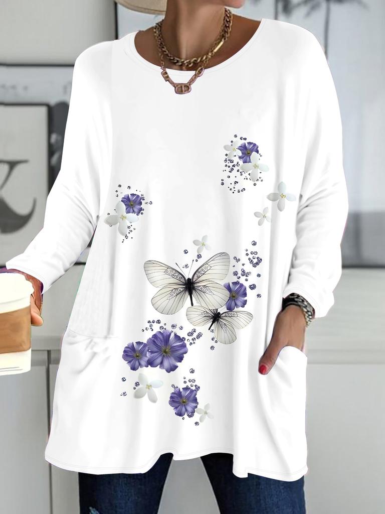 2025 Autumn Winter New Plus Size Women's Tops, Flower 3D Print Fashion Crew Neck Long Sleeve T-Shirts