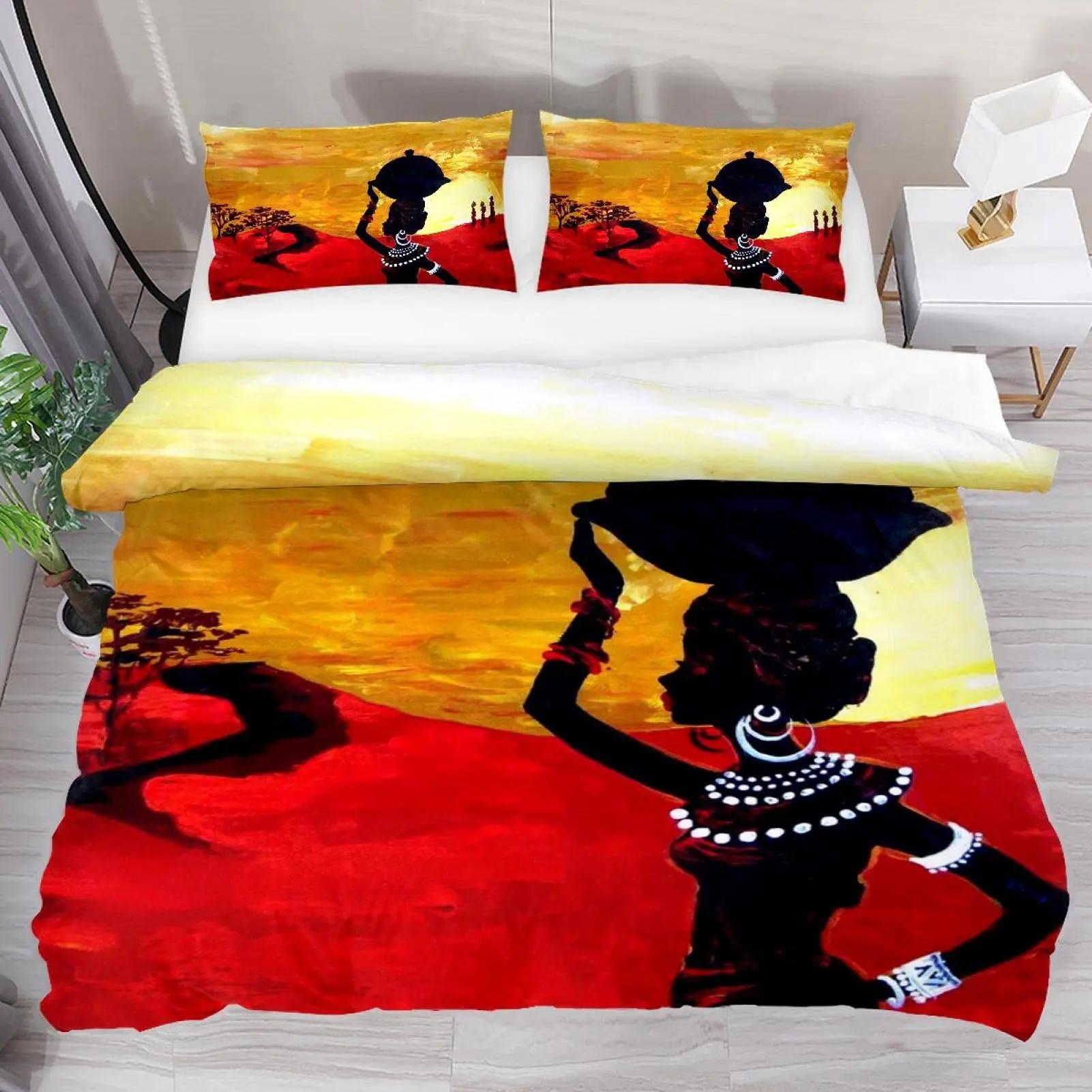 

African Woman Bedding Set Vintage Africa Country Duvet Cover Set Single/Twin/Queen/king Size Boho Style Exotic Nation (135x200cm)