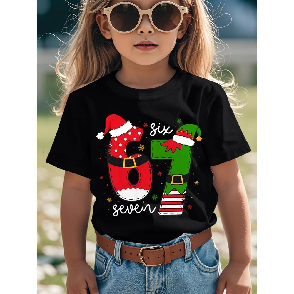 Children's clothing, fun Christmas pattern printed T-shirt, casual round neck short sleeved quick drying children's T-shirt