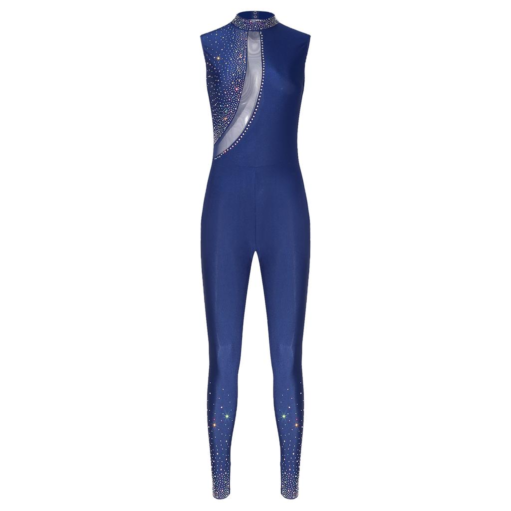 Womens Gymnastics Bodysuit Sleeveless Back Hollow Out Design Glittery Rhinestones Bodycon Unitard Jumpsuit
