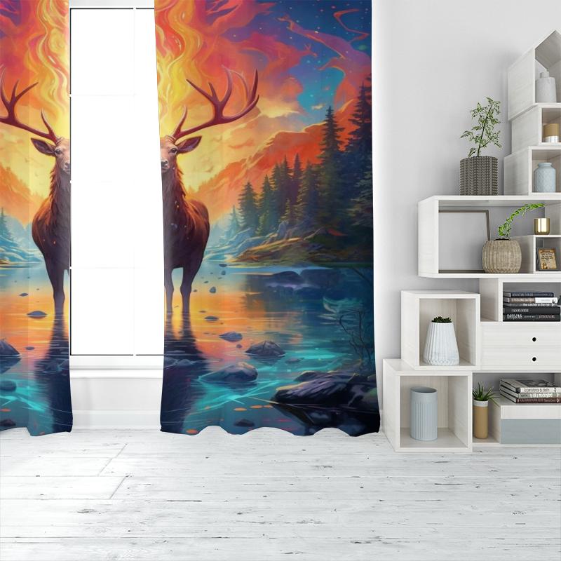 Elk At Sunset -2 Pieces - Printed Curtain, 100% Polyester, Suitable for Home Decor (rod Not Included)