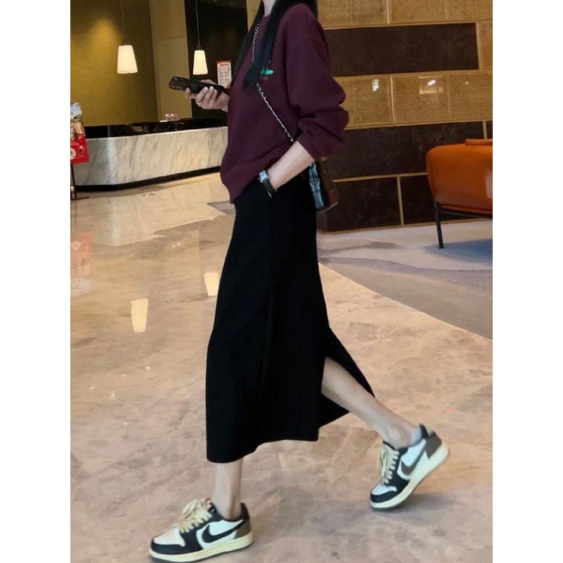 Plus-Size Black Mid-Length A-Line Skirt for Women, Spring/Summer, Petite, High-Waisted, Slimming, with Back Slit, Straight Skirt