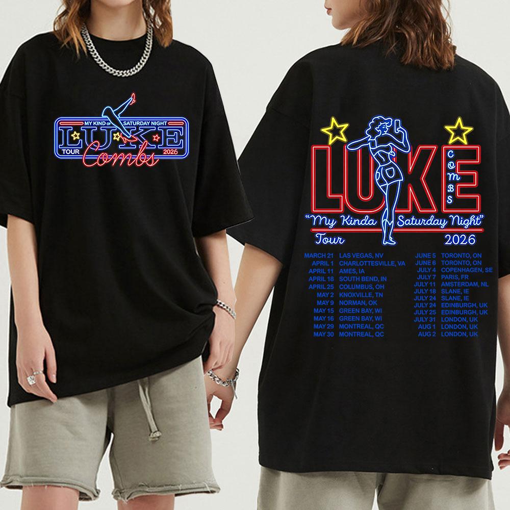 Maglietta Tour Neon Maglietta Tour Luke Combs 2026 T-shirt Maglietta in Cotone Double-sided Regalo per Fan di Musica High Street Abbigliamento Comodo