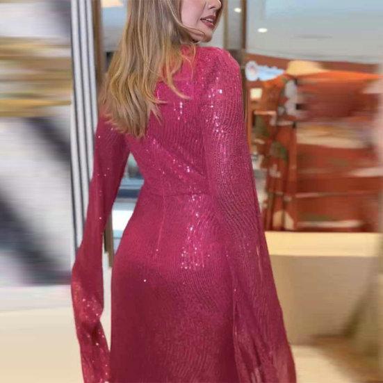 Abito da sera da donna Maniche divise Profondo scollo a V Paillettes lucide Vestibilità attillata Vita stretta Nodo Pieghettato Lunghezza intera Tinta unita Lady Prom Banchetto Abito lungo
