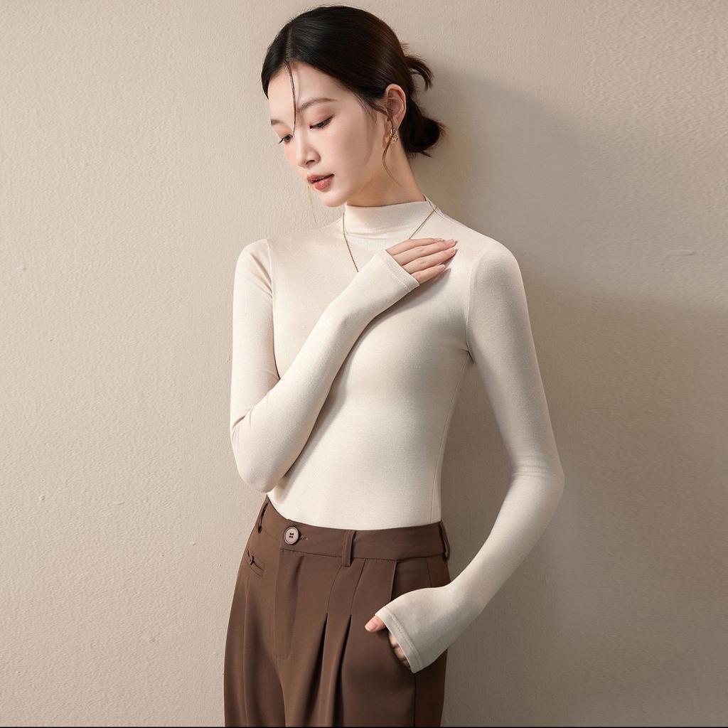 Women Fleece Mock Neck Thermal Tops Long‑Sleeve Slim Fit Basic Undershirt T‑Shirt M‑3XL