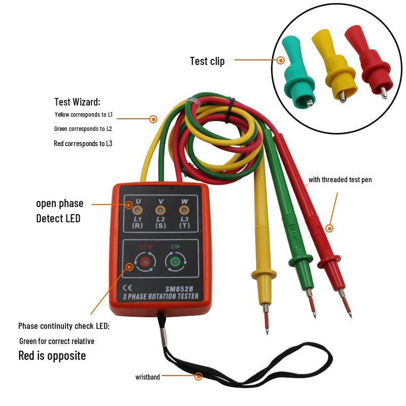 Portable SM852B Three-Phase AC Phase Sequence Meter & Voltage Detector