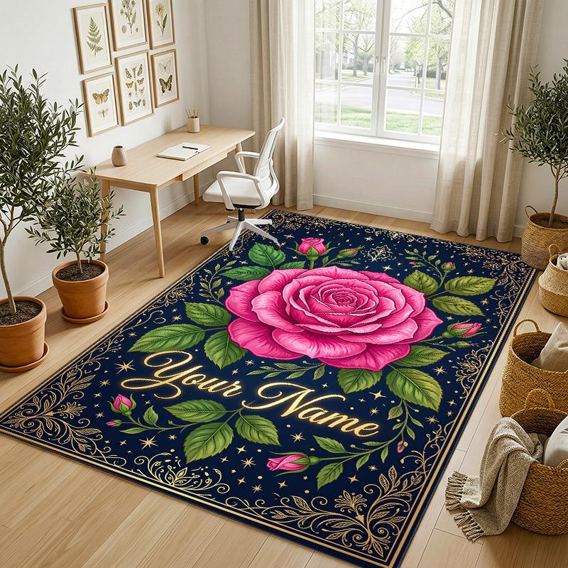 Roses Theme Soft Crystal Velvet Rug Custom Name & Text Print Non Slip Floor Rug for Bedroom Living Room