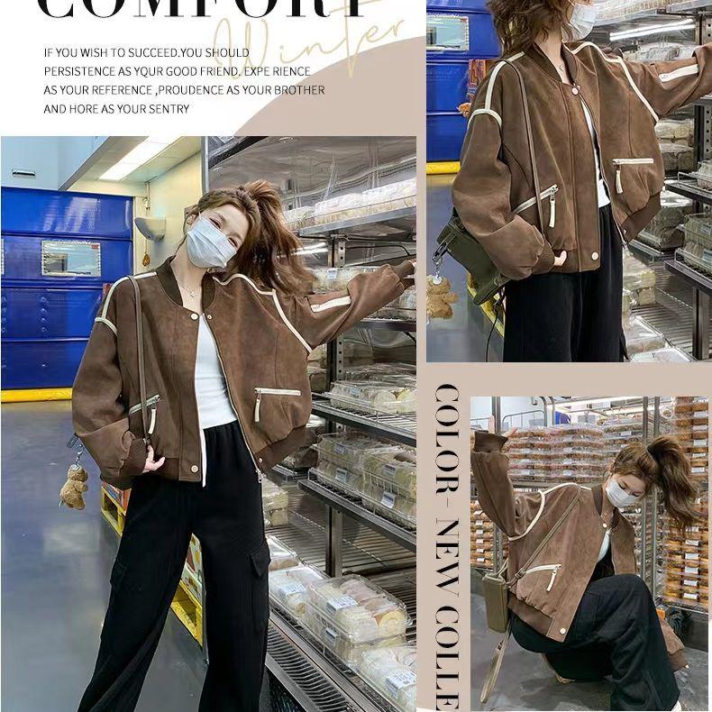 Vintage Brown Baseball Jacket Women Spring Fashion Retro Outerwear Casual Coat