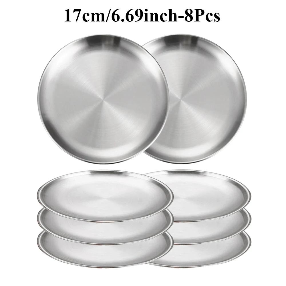 8PC Metal Dining Dish Stainless Steel Round Plate Shallow Tray 14/17/20/23/26cm BBQ Picnic Camping Food Container Tableware Set