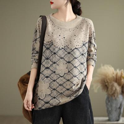 Autumn Winter Printed Fashionable Round Neck Sweater Loose Casual Long Sleeved Knit Sweater Pullovers & Long Sleeves (women’s)