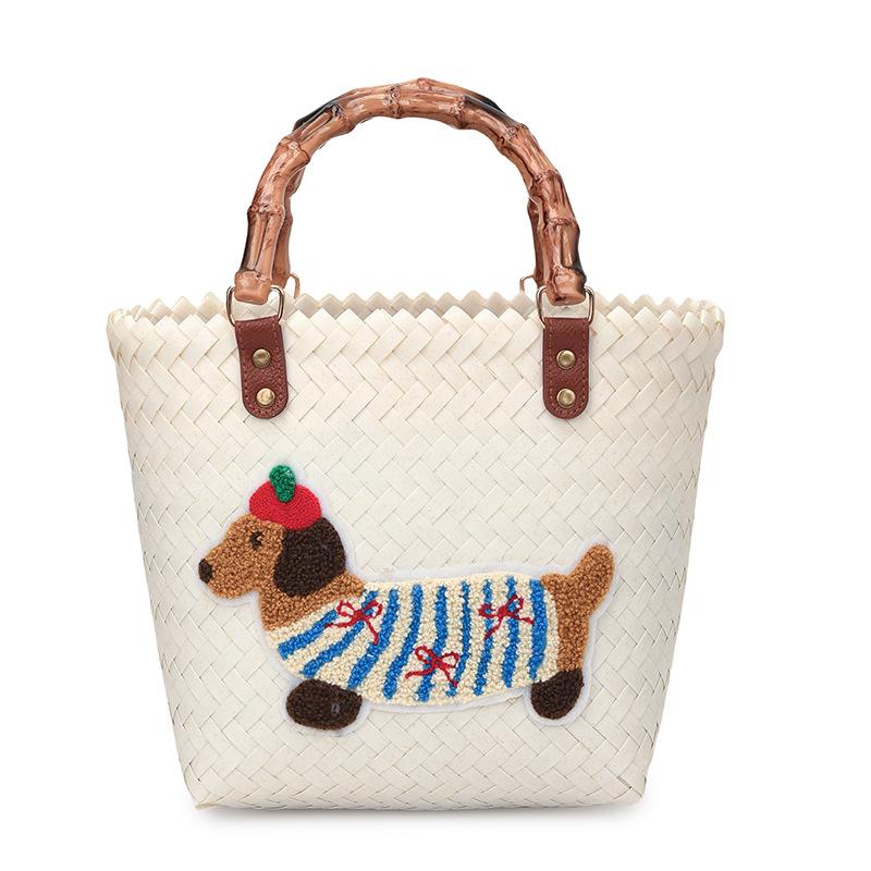 New Woven Niche Design Vegetable Basket Bag Retro Striped Dachshund Multi-color Commuting Large-capacity Handbag Bag