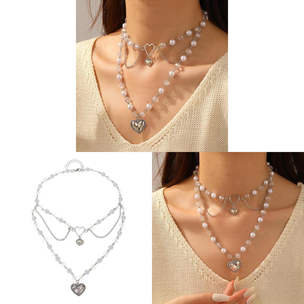 Collier à chaîne en perles artificielles pour filles avec pendentif cœur multicouche Été