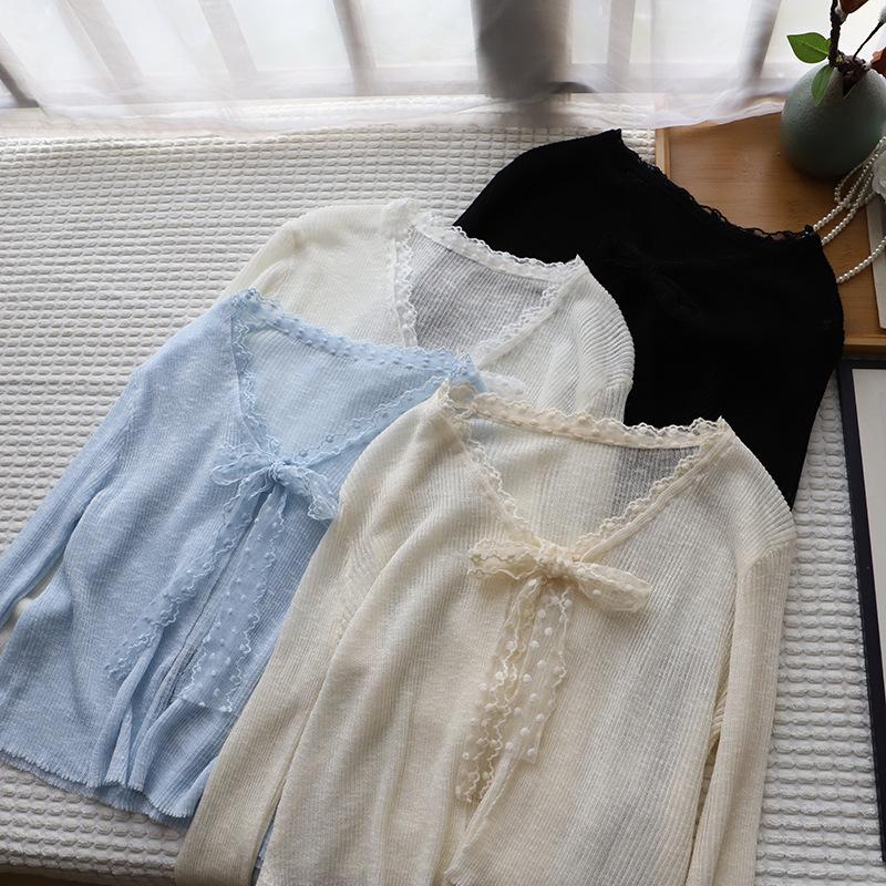 

Bi Zheng 2025 Spring Korean Style Lace-Trimmed V-Neck Knit Cardigan for Women One Size білий