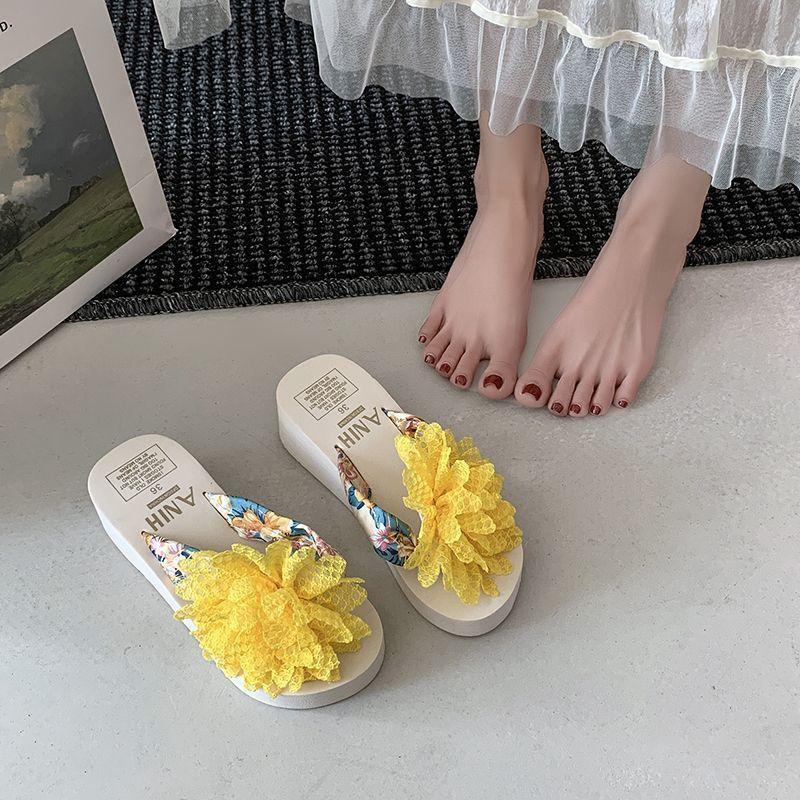 2025 Summer Cool Slippers Women Summer Wear Thick-soled Princess Heightened Thick-soled Flip-flops Flowers Beach Cool Slippers Women