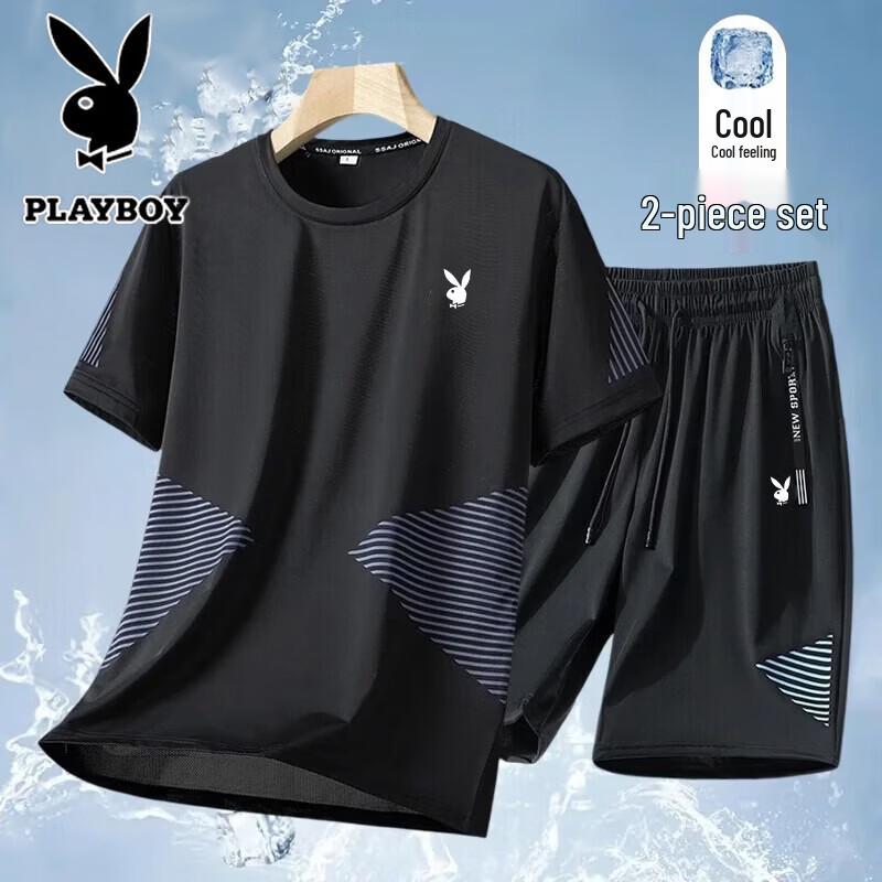 PLAYBOY Men s Summer Ice-Cool Breathable Sport T-Shirt & Shorts Set 5XL