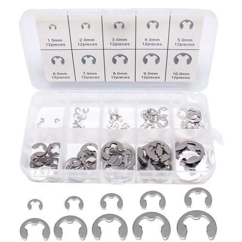 ZJYCLY 120-Piece Set of E-Type Retaining Rings, E-Clips, Circlip Kit, M1.5-M10, with Storage Box, Steel, Durable, Oil-Resistant, for Repairs