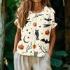 Women's Fashion Henley Neck Single Breasted Halloween Print Shirt Short Sleeve Casual Blouse Lightweight Button Down Top