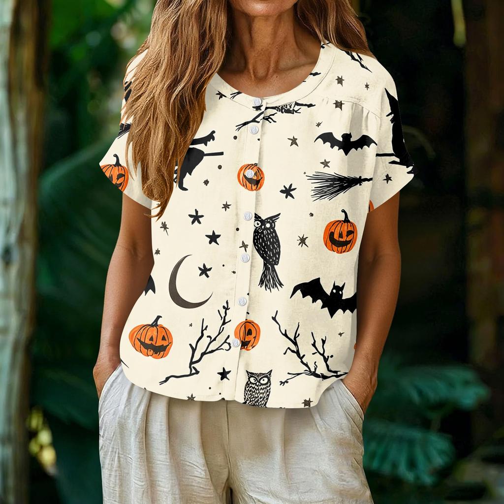 Women's Fashion Henley Neck Single Breasted Halloween Print Shirt Short Sleeve Casual Blouse Lightweight Button Down Top