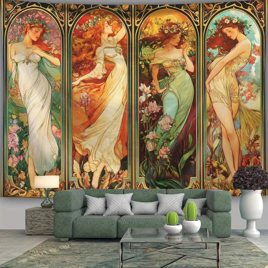 1 Pezzo Mucha Quattro Stagioni Dee Art Nouveau Arazzo da Parete per Soggiorno Camera da Letto Decorazione Classica Stampa Floreale Artistica Casa