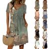 Damen Mode Retro Print Rundhals Kurzarm Knopfleiste Lässiges Kleid