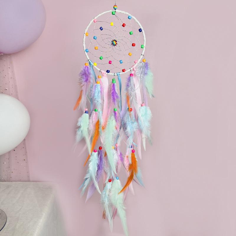 Home Decoration Teenage Heart Dreamcatcher Glazed Bead Feather Hanging Handmade Weaving Lace Decorations Indoor Living Room Wind Chimes