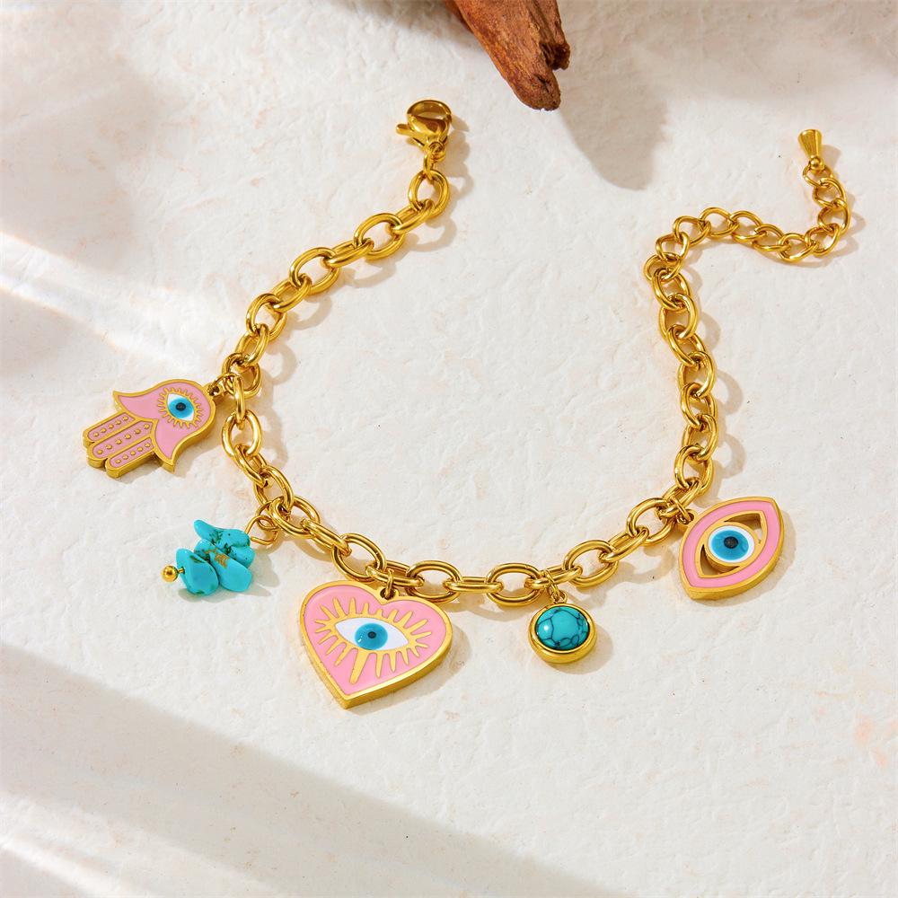 Hand of Fatima Drip Oil Devil Eyes Heart Pendant Stainless Steel Jewelry Set