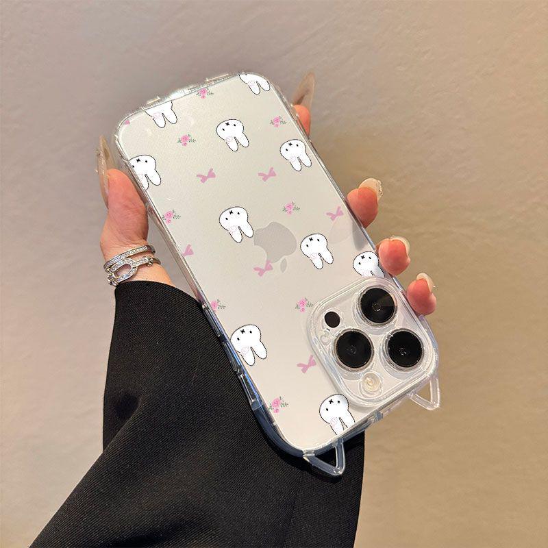 Przezroczyste etui na telefon z kokardką małego królika i kocimi uszkami dla Apple 13-17 Pro Max, precyzyjny otwór dla 15-16