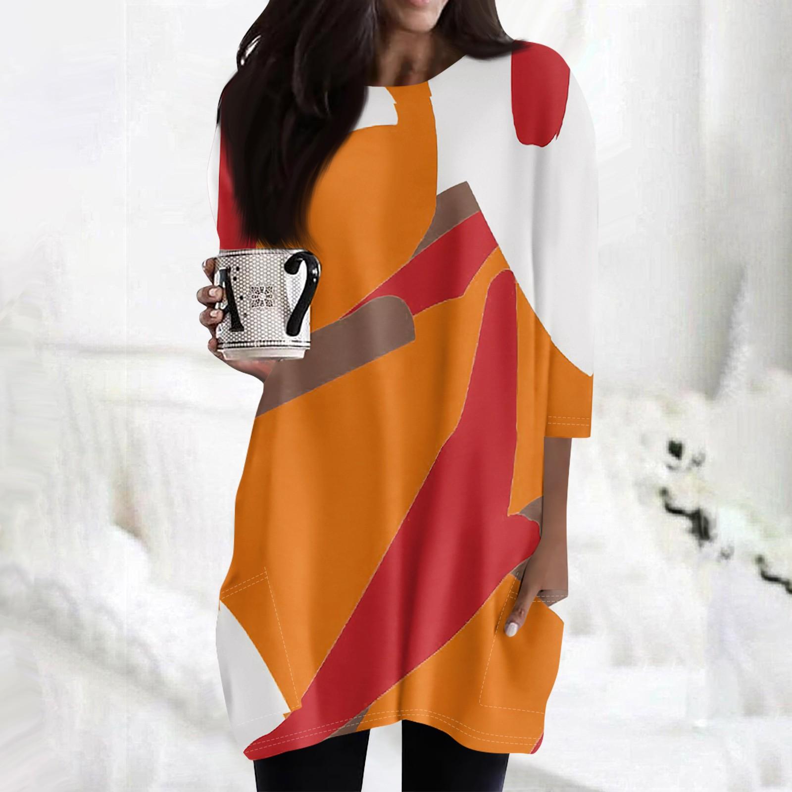 

Женские повседневные рубашки с рукавами 3/4, модные туники с принтом, топы с карманами S оранжевый