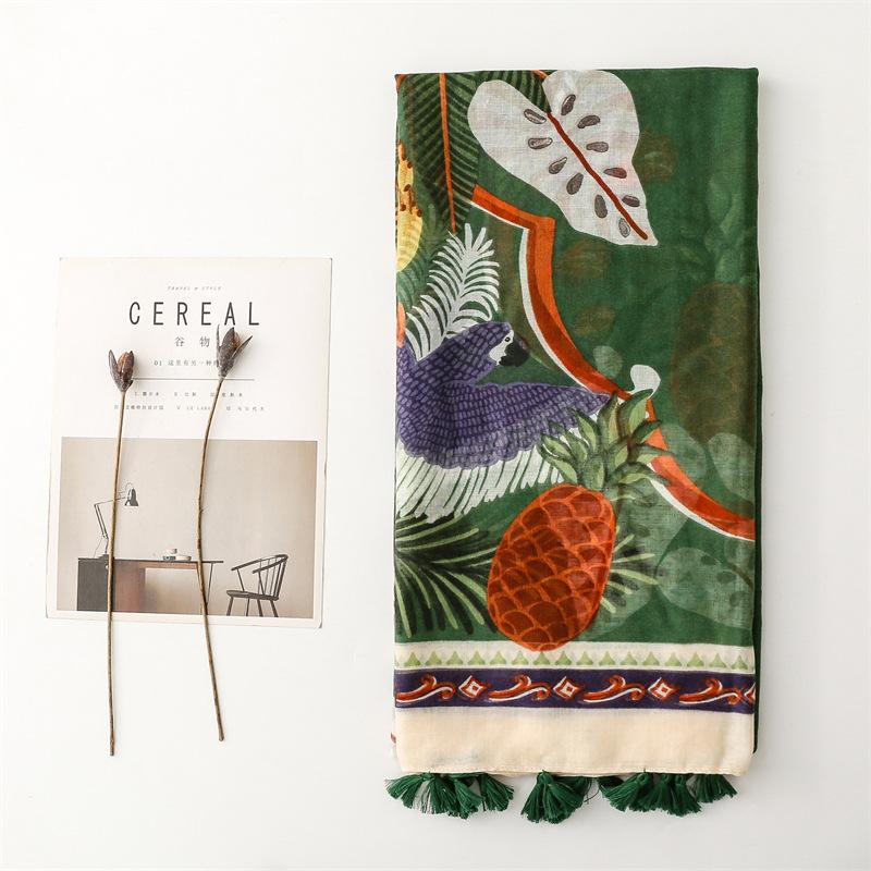 Ladies Scarf Thin Silk Scarf Spring Summer Tropical Plants Flowers Bugs Birds Bali Yarn Women Tassel Shawl