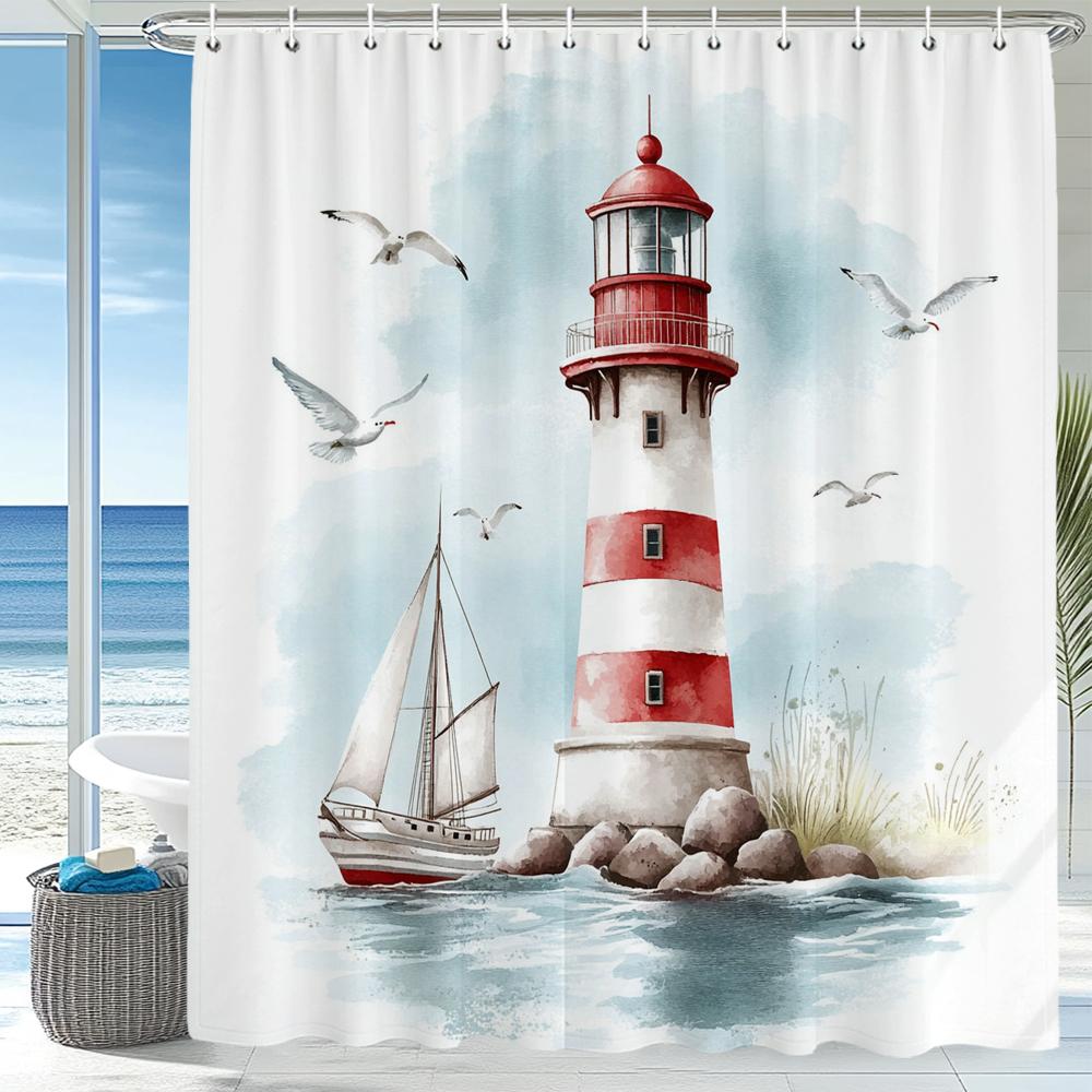 Blue Ocean Beach Seaside Lighthouse View Shower Curtain, Bathroom Decorative Shower Curtains, Home Curtain With Hooks