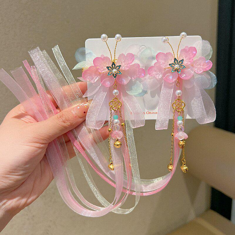 Princess Style Children's Hanfu Hair Clips - Ancient Chinese Tassel Ribbon Headdress for Girls
