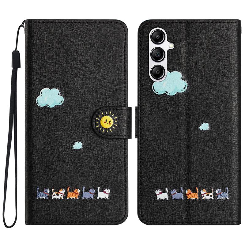 

Кожаный чехол-книжка с держателем для карт для Samsung S24 Plus/iPhone 15 с рисунком кота и сердечком Samsung S22 Ultra