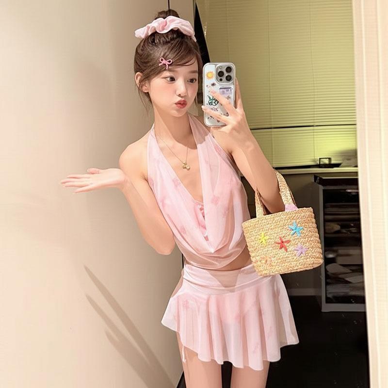Swimsuit female Spice Girl fairy tulle neck split skirt small chest beautiful pure desire hot spring swimsuit S розовый