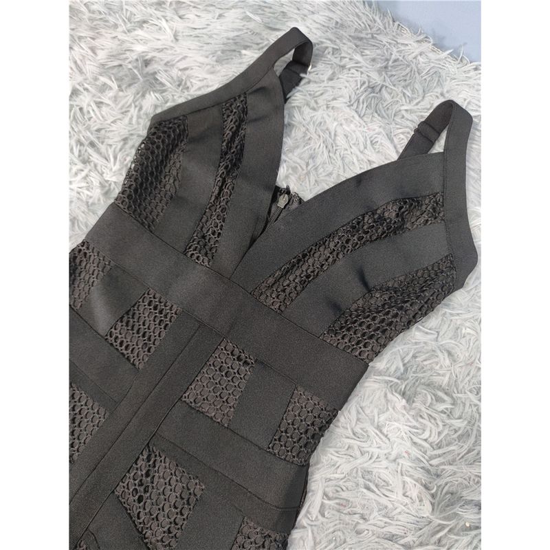 Foreign Trade Order Cross-Border Export High Goods Texture Bandage Black Aura Hollow Design Dress Split Fishtail Long Dress