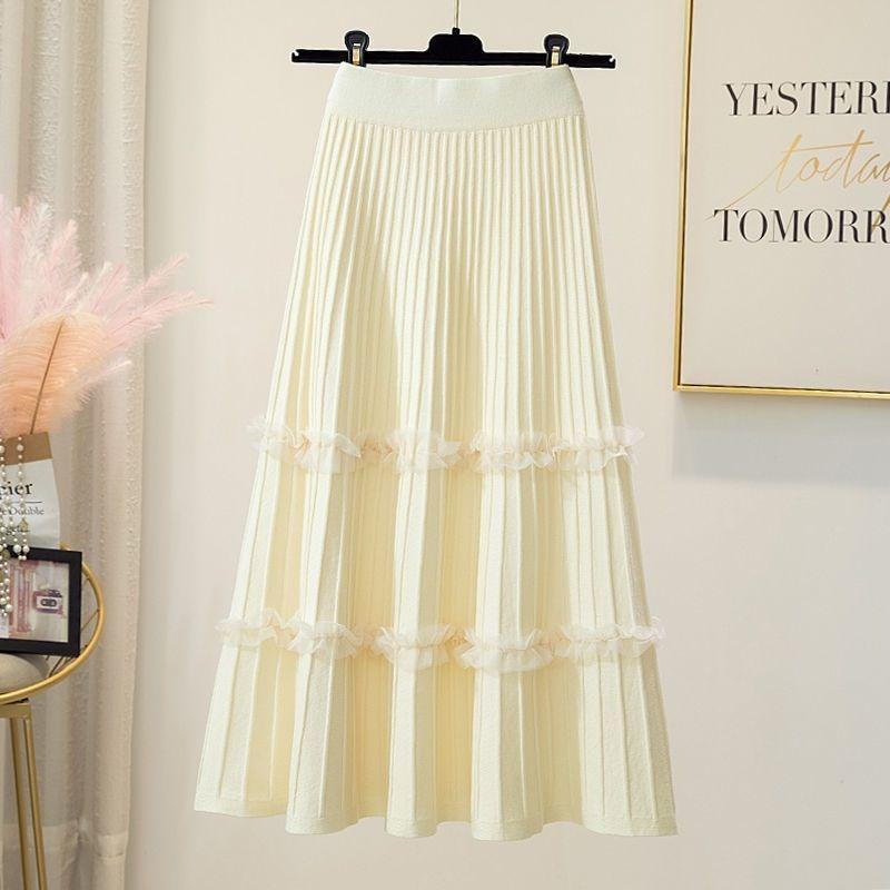 Pleated Skirt for Women Autumn and Winter High Waisted Mid Length Knitted Skirt A-line Skirt